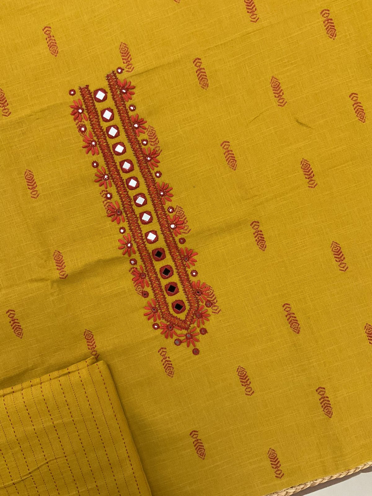Pure Handloom Cotton Self Weaved Printed Embroidered Suit - Yellow
