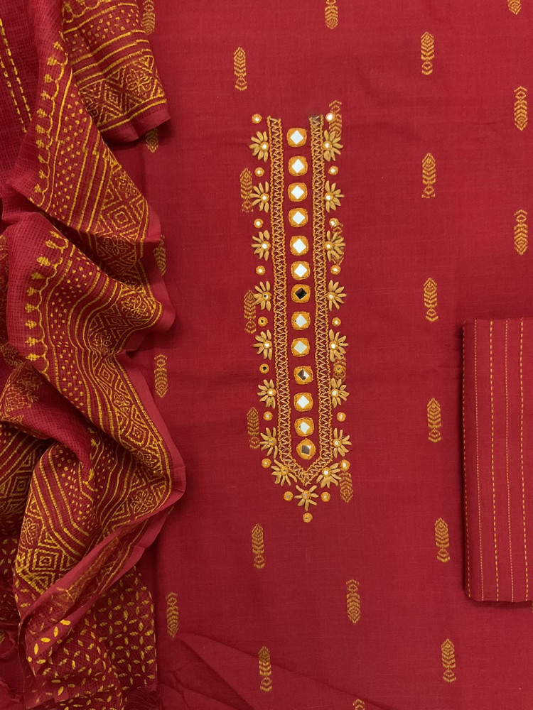 Image of Pure Handloom Cotton Self Weaved Printed Embroidered Suit - Maroon