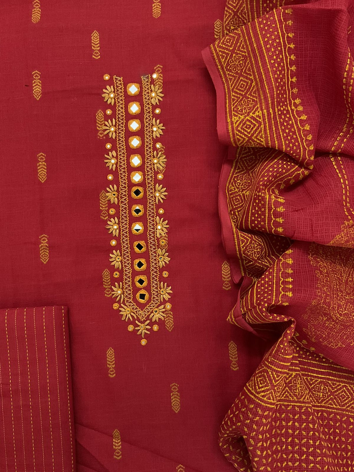 Pure Handloom Cotton Self Weaved Printed Embroidered Suit - Maroon