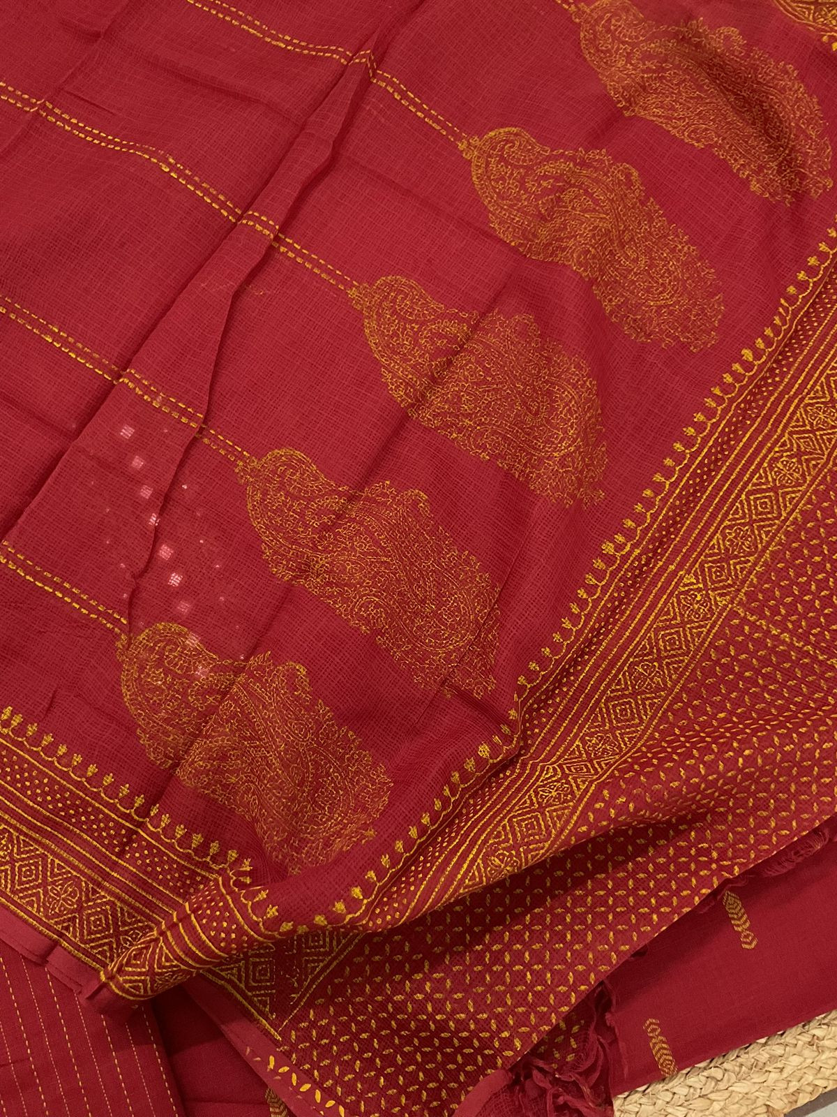 Pure Handloom Cotton Self Weaved Printed Embroidered Suit - Maroon