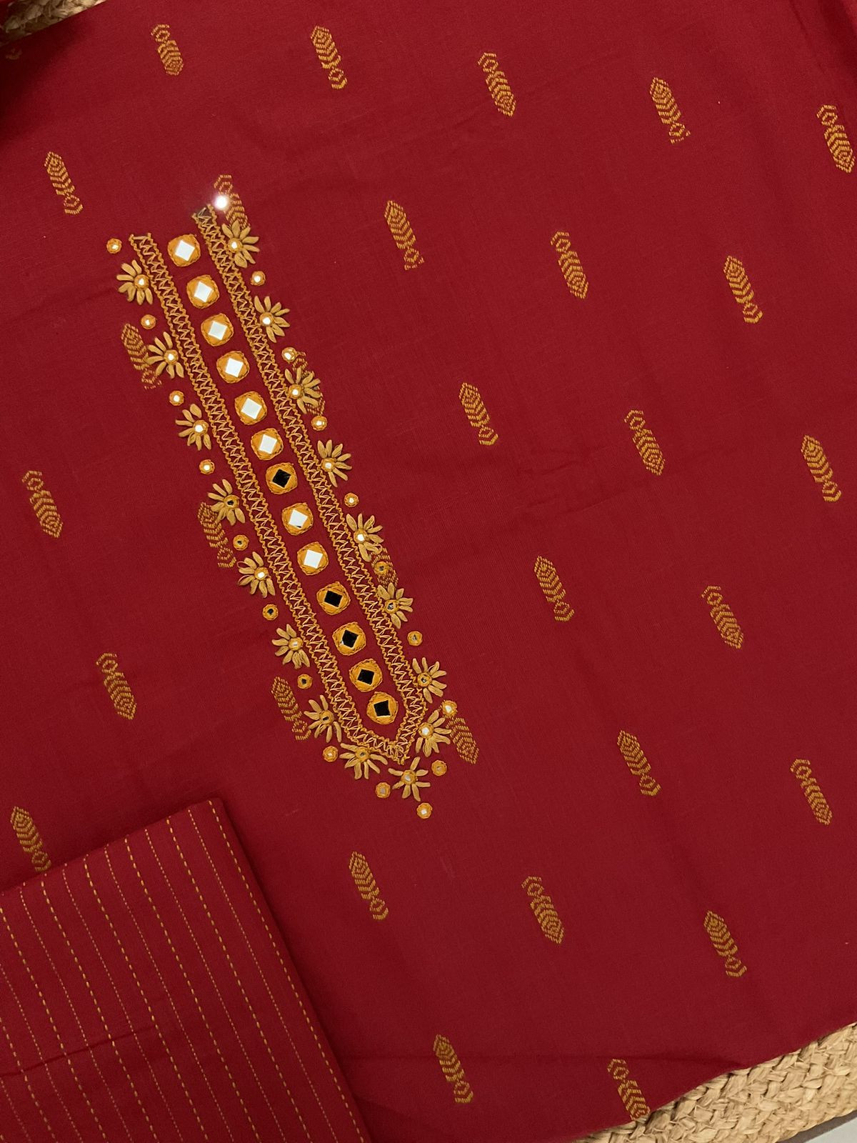 Pure Handloom Cotton Self Weaved Printed Embroidered Suit - Maroon