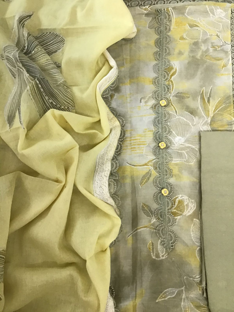 Image of Pure Lawn Cotton Printed Embroidered Suit - Yellow