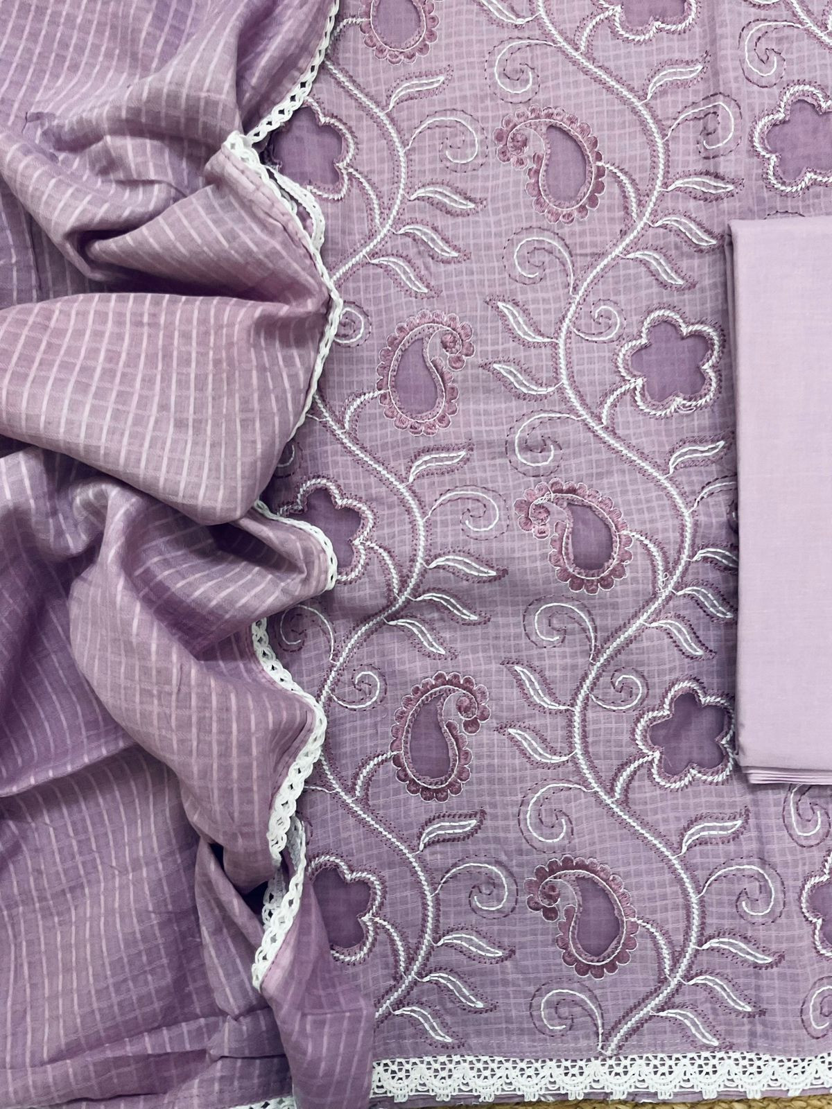 Pure Cotton Self Weaved Embroidered Suit - Lavender