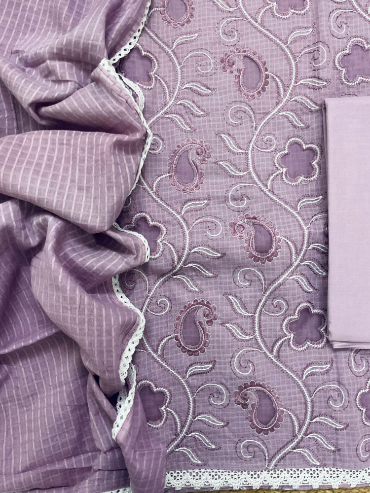 Image of Pure Cotton Self Weaved Embroidered Suit - Lavender