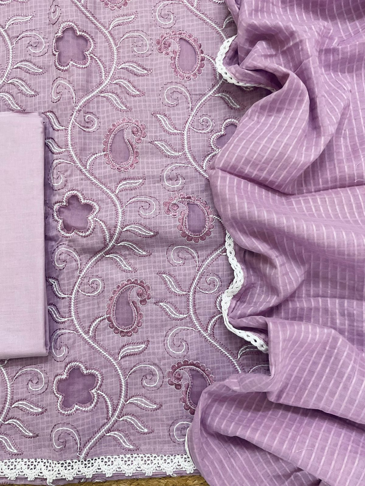 Pure Cotton Self Weaved Embroidered Suit - Lavender
