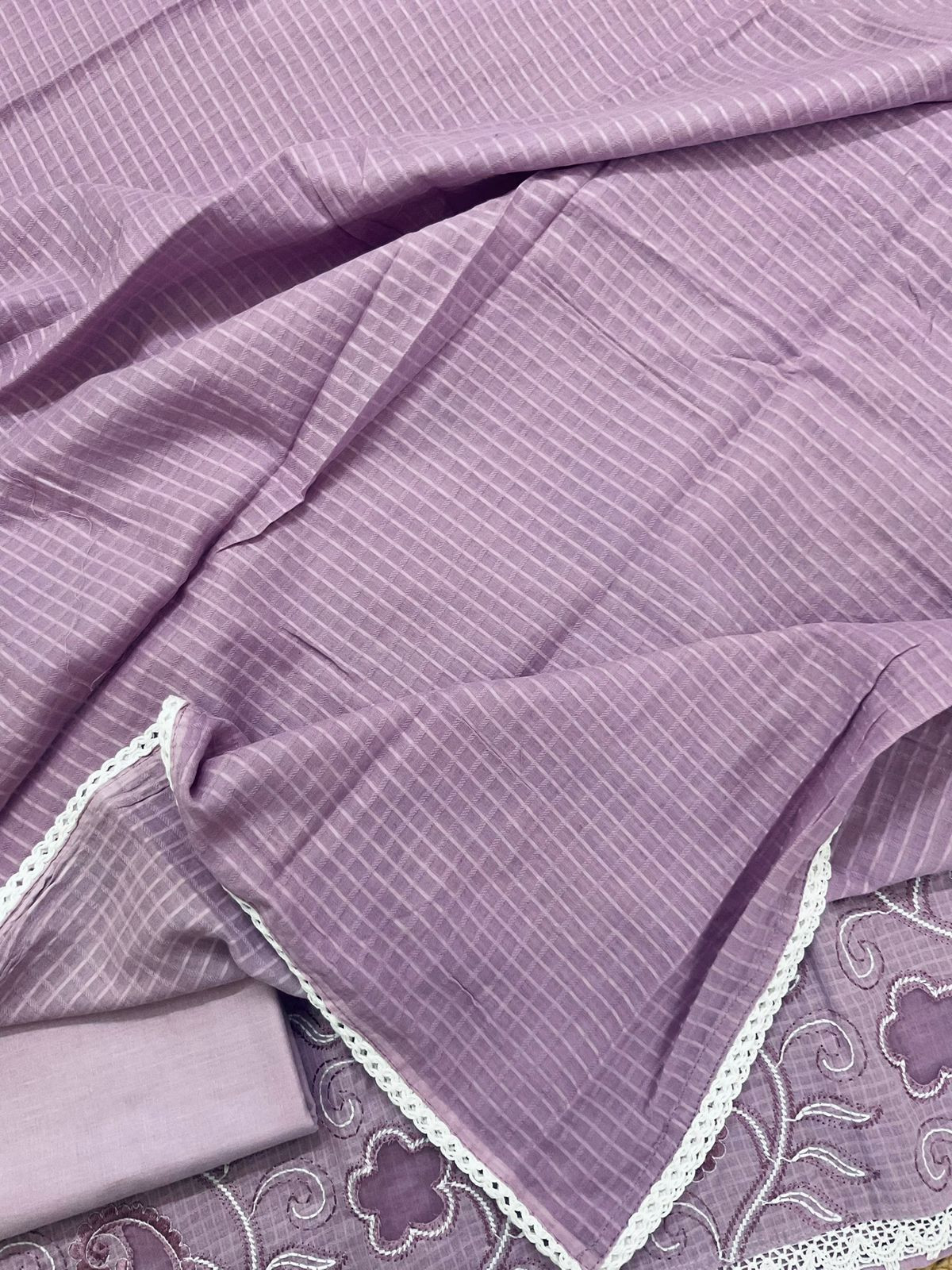 Pure Cotton Self Weaved Embroidered Suit - Lavender