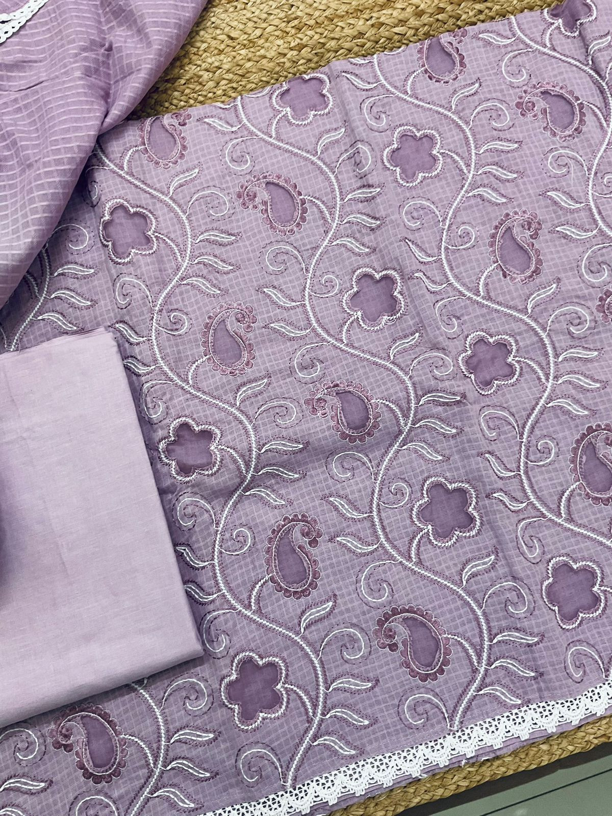 Pure Cotton Self Weaved Embroidered Suit - Lavender
