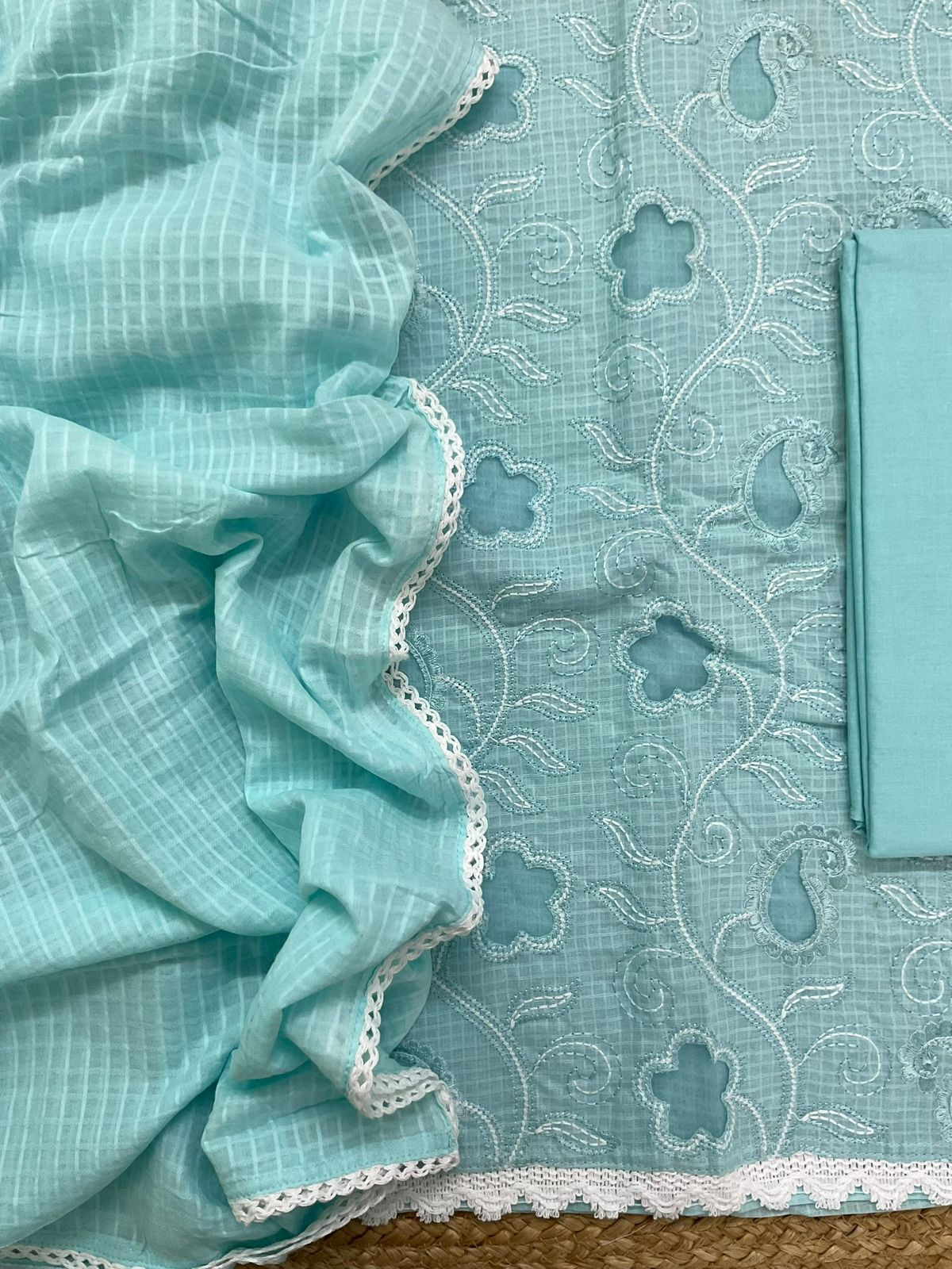 Pure Cotton Self Weaved Embroidered Suit - Blue