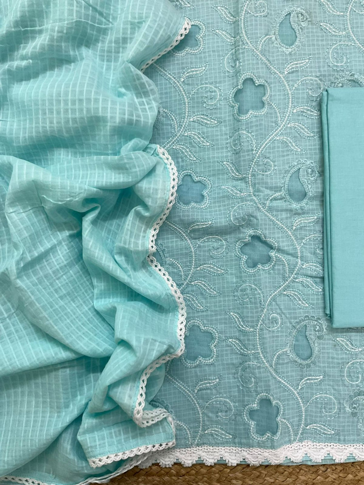 Image of Pure Cotton Self Weaved Embroidered Suit - Blue