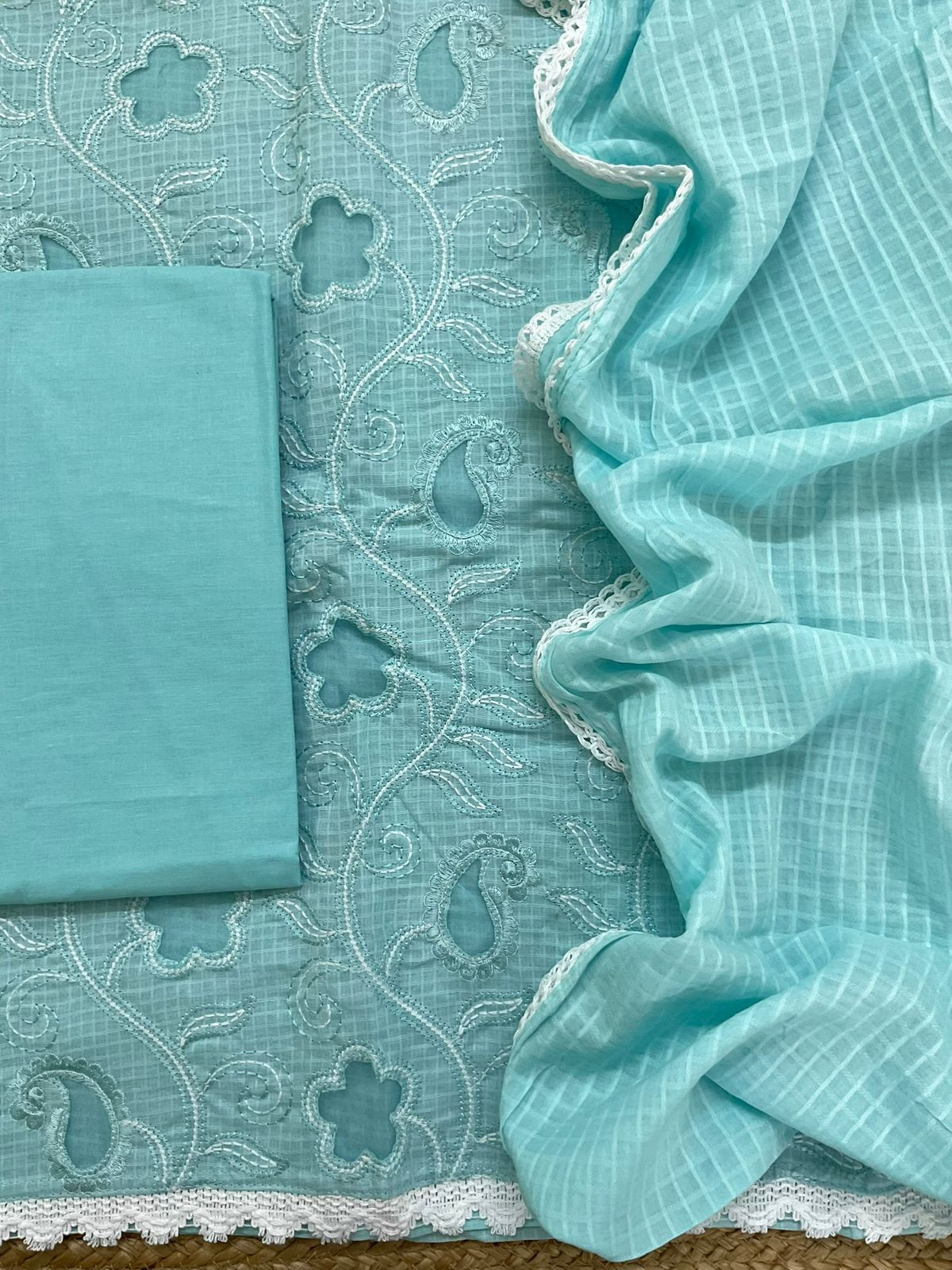 Pure Cotton Self Weaved Embroidered Suit - Blue