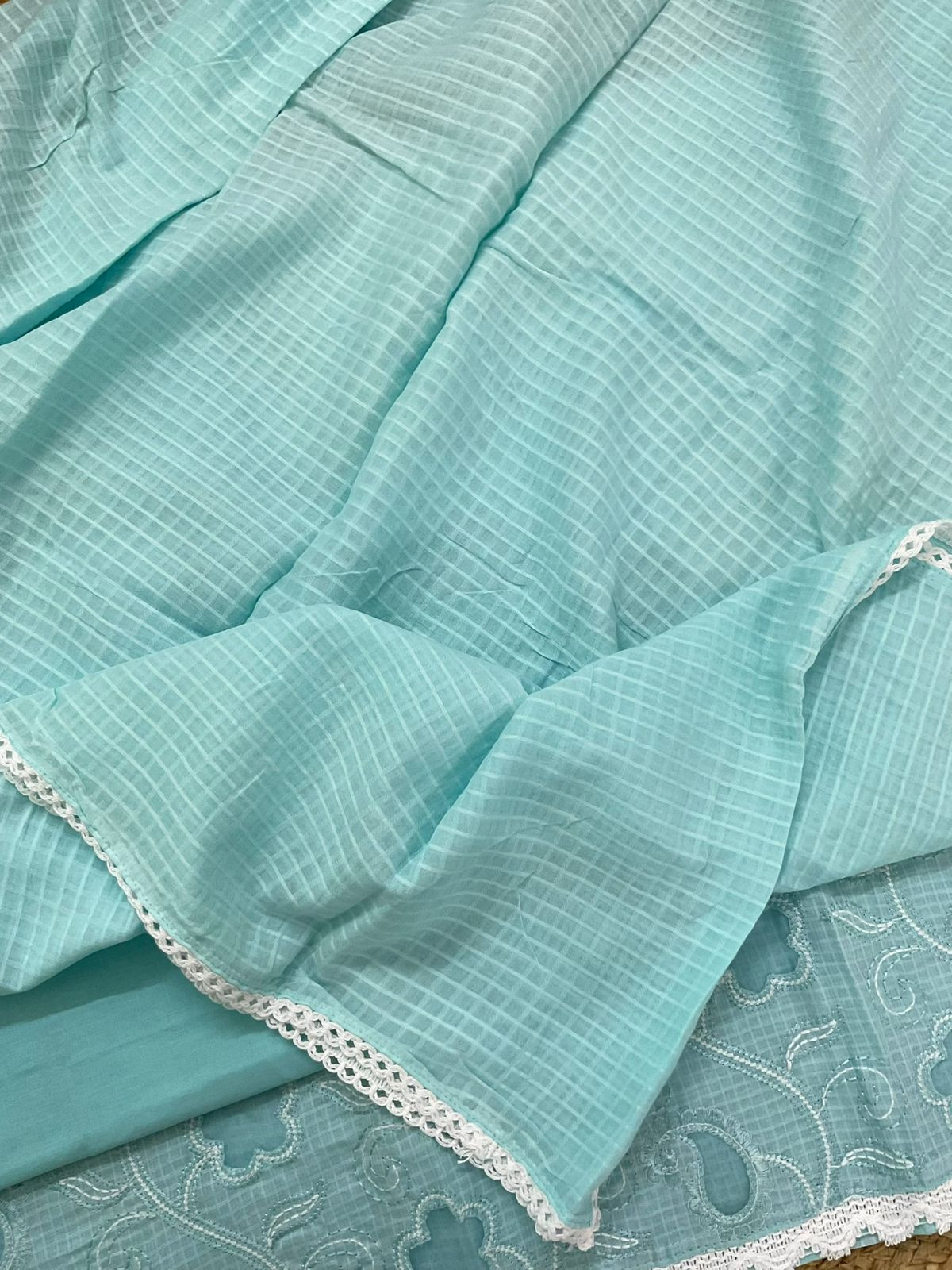 Pure Cotton Self Weaved Embroidered Suit - Blue