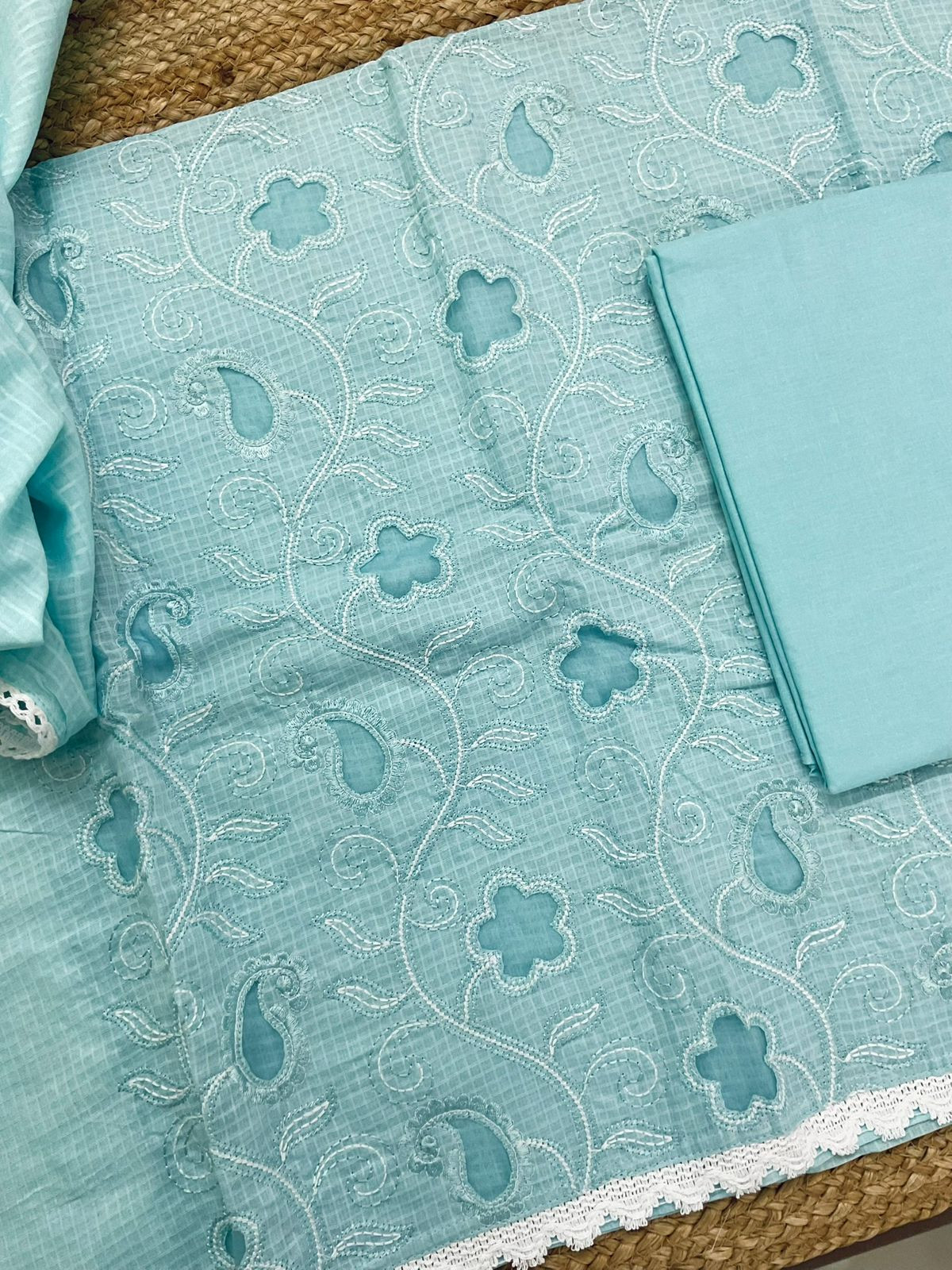 Pure Cotton Self Weaved Embroidered Suit - Blue