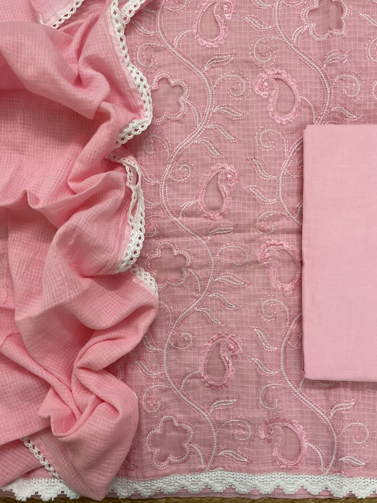 Image of Pure Cotton Self Weaved Embroidered Suit - Pink