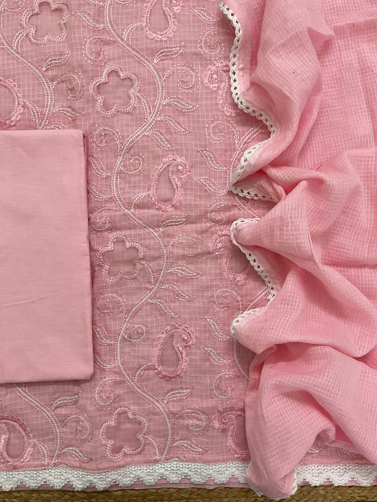 Pure Cotton Self Weaved Embroidered Suit - Pink