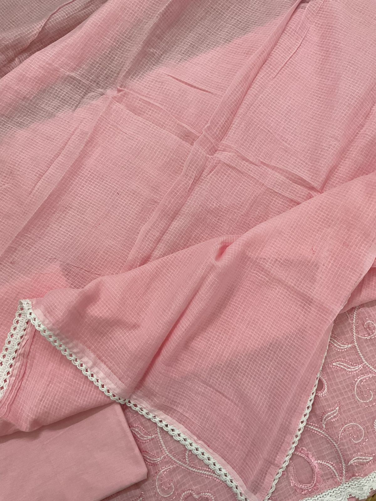 Pure Cotton Self Weaved Embroidered Suit - Pink