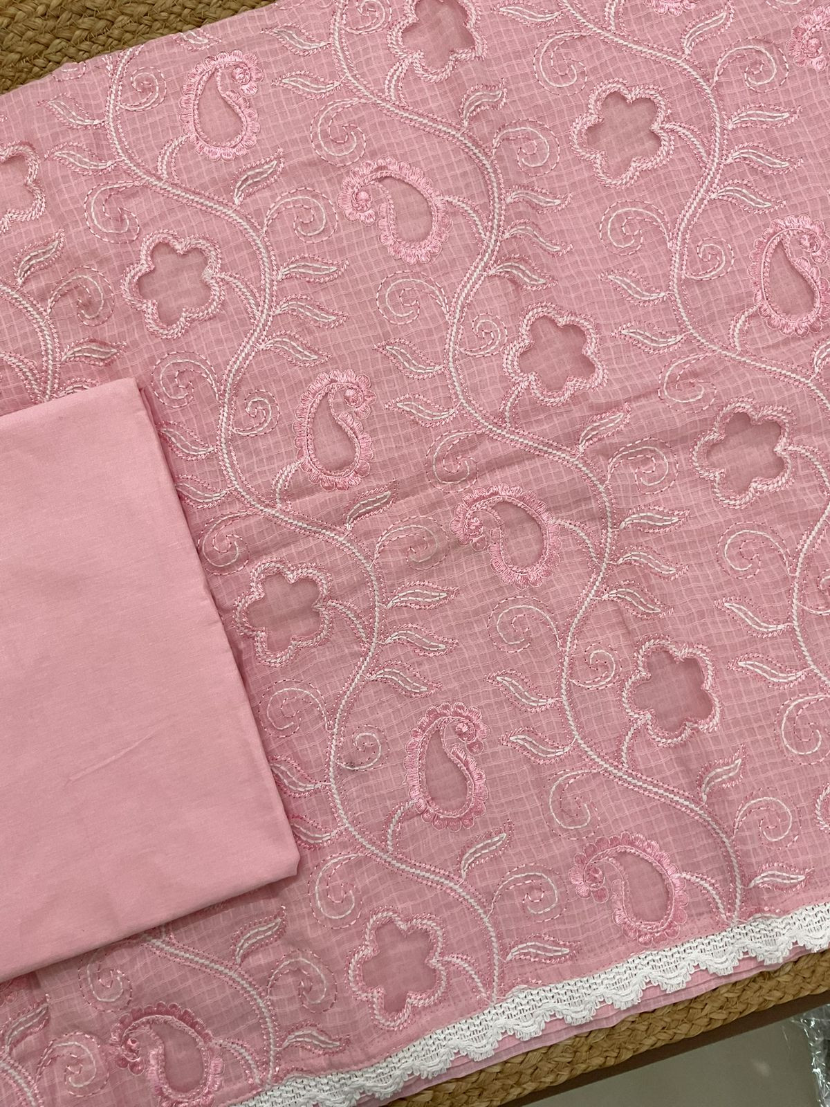 Pure Cotton Self Weaved Embroidered Suit - Pink