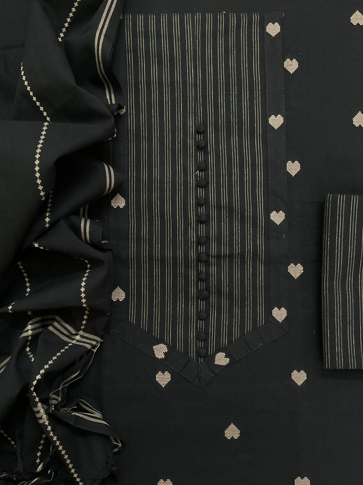 Pure Handloom Cotton Self Weaved Embroidered Suit - Black