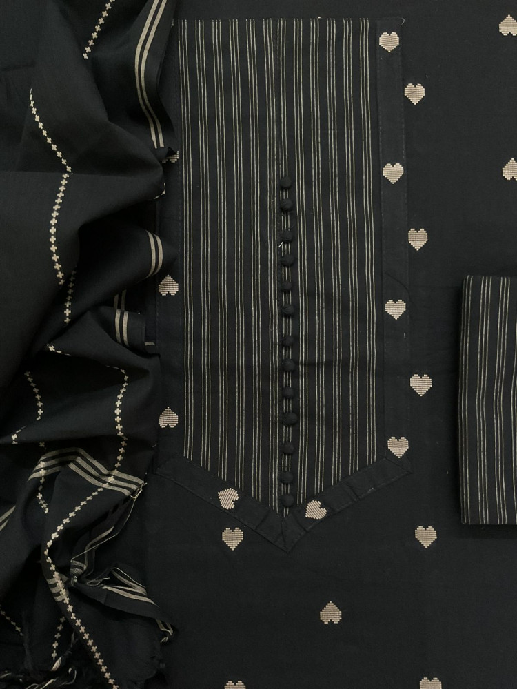 Image of Pure Handloom Cotton Self Weaved Embroidered Suit - Black