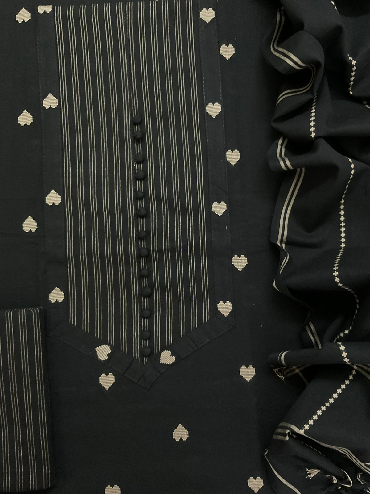 Pure Handloom Cotton Self Weaved Embroidered Suit - Black