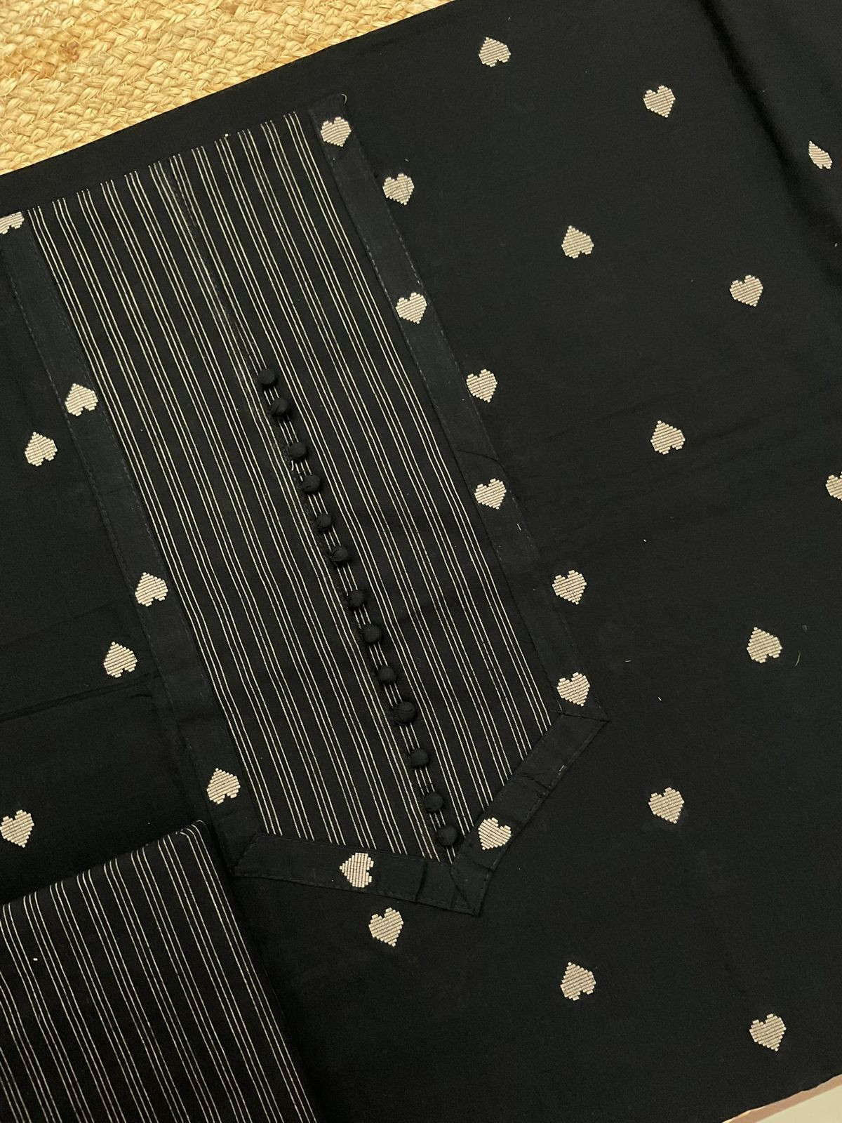 Pure Handloom Cotton Self Weaved Embroidered Suit - Black