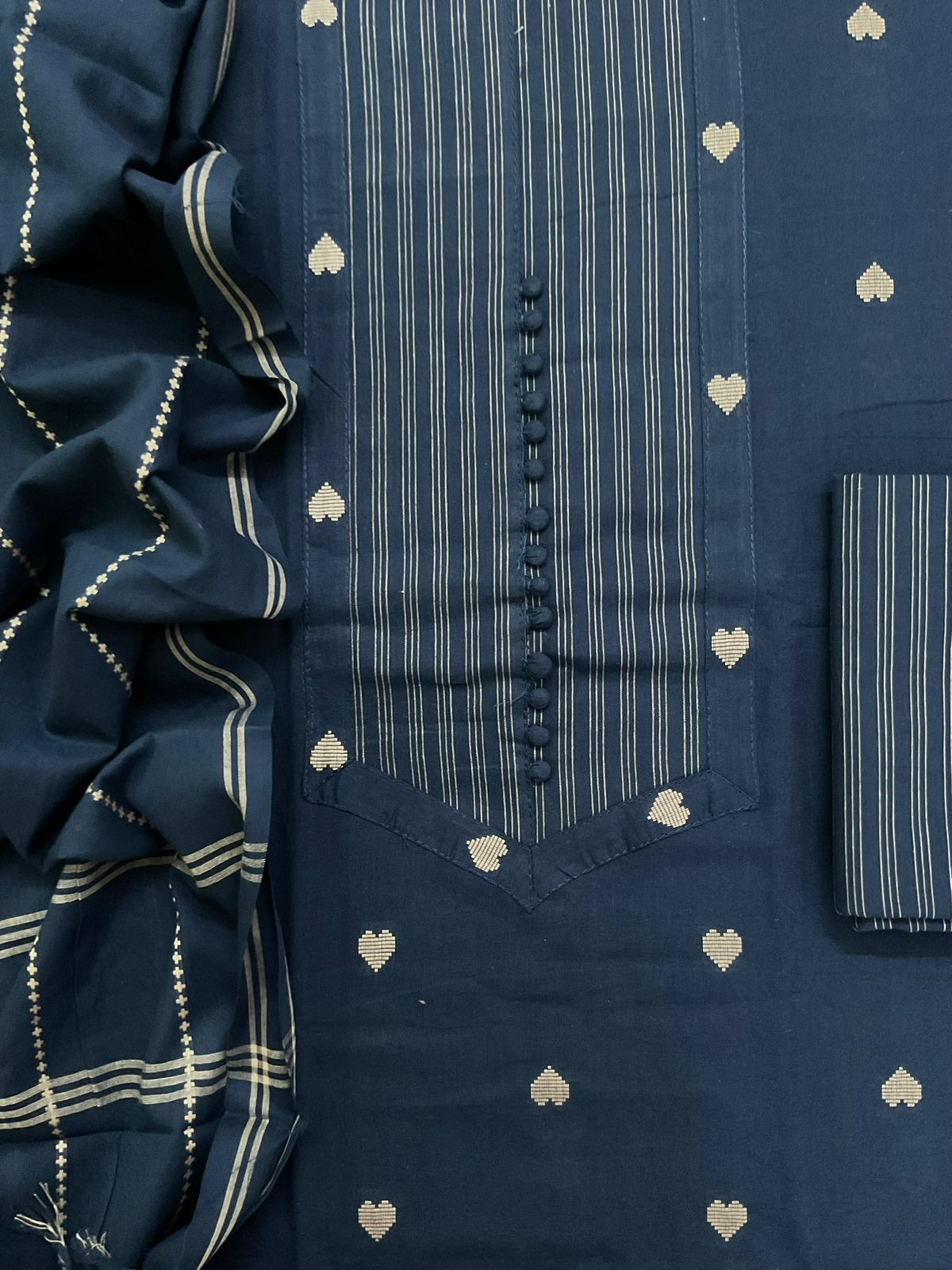 Pure Handloom Cotton Self Weaved Embroidered Suit - Blue