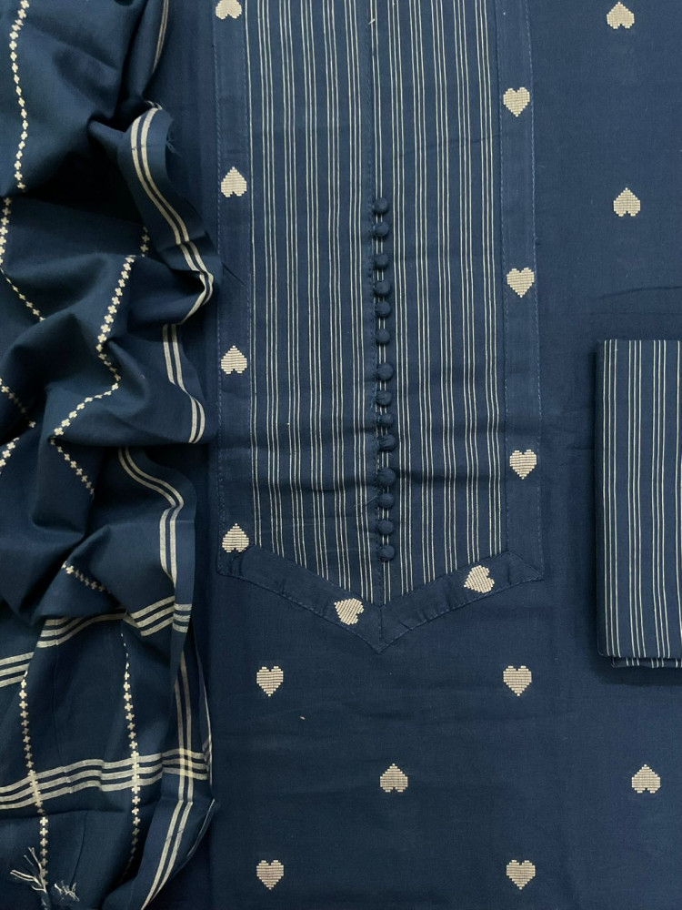 Image of Pure Handloom Cotton Self Weaved Embroidered Suit - Blue