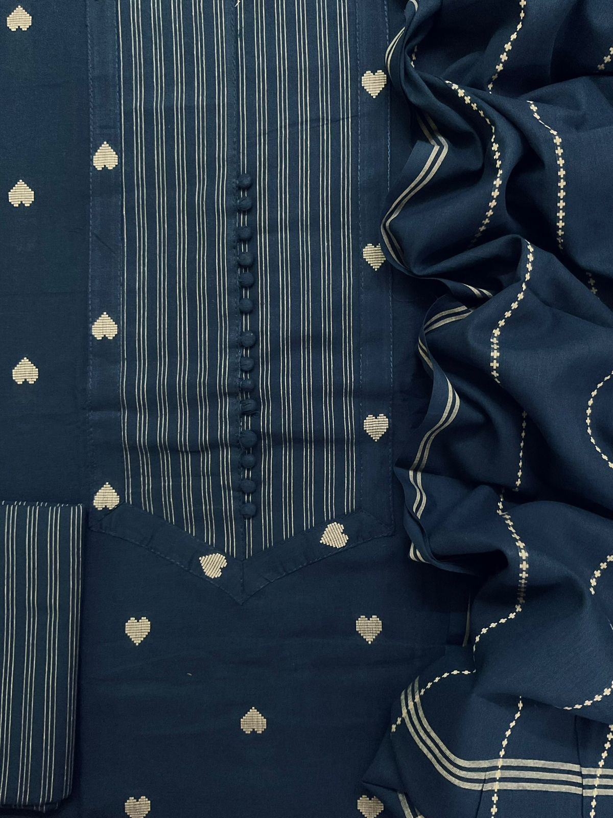 Pure Handloom Cotton Self Weaved Embroidered Suit - Blue