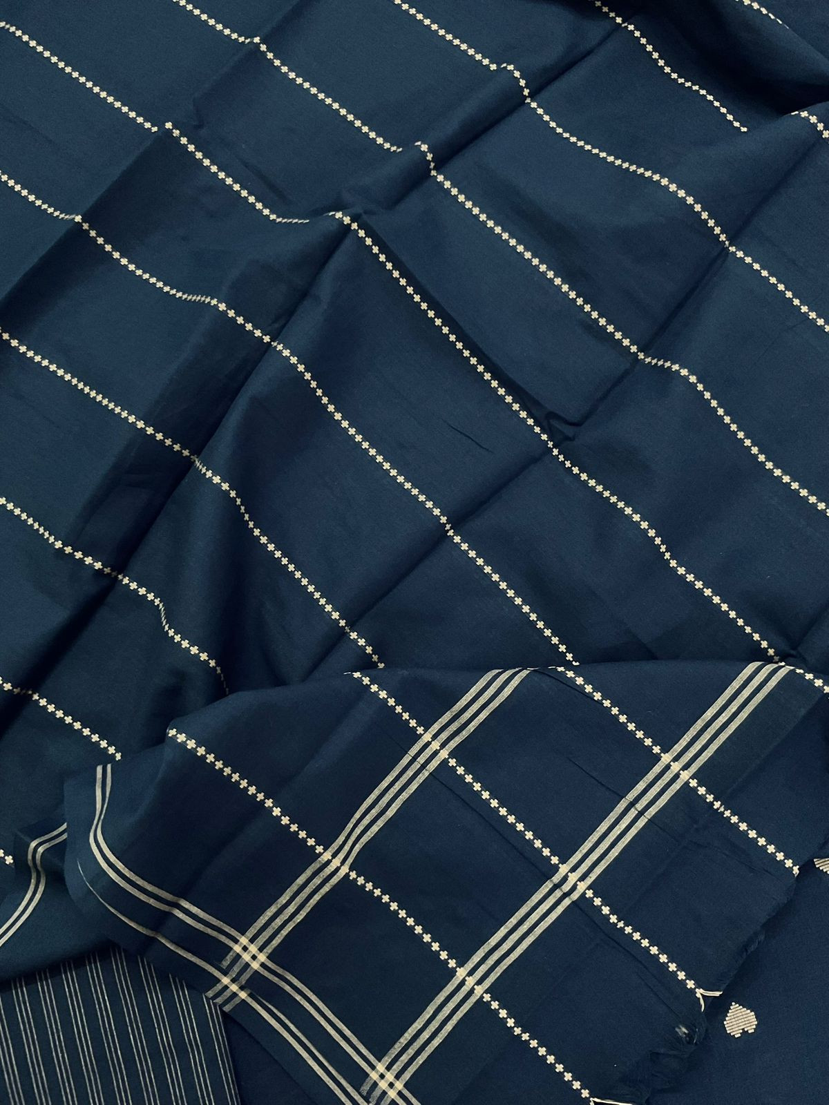 Pure Handloom Cotton Self Weaved Embroidered Suit - Blue