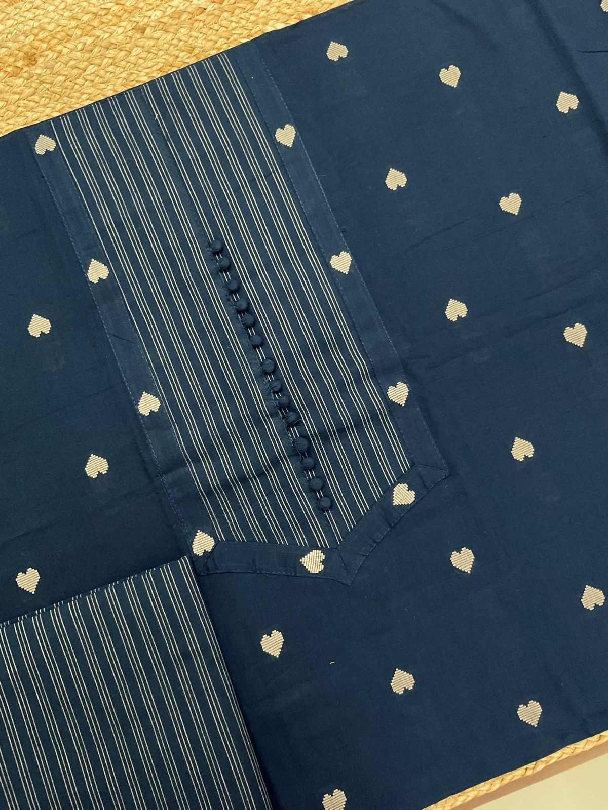 Pure Handloom Cotton Self Weaved Embroidered Suit - Blue