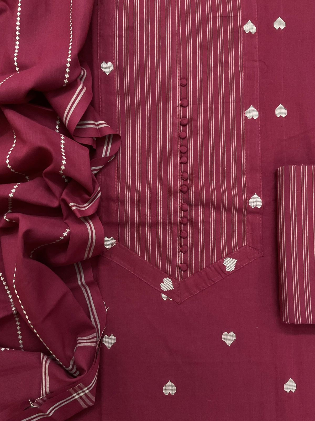 Pure Handloom Cotton Self Weaved Embroidered Suit - Maroon