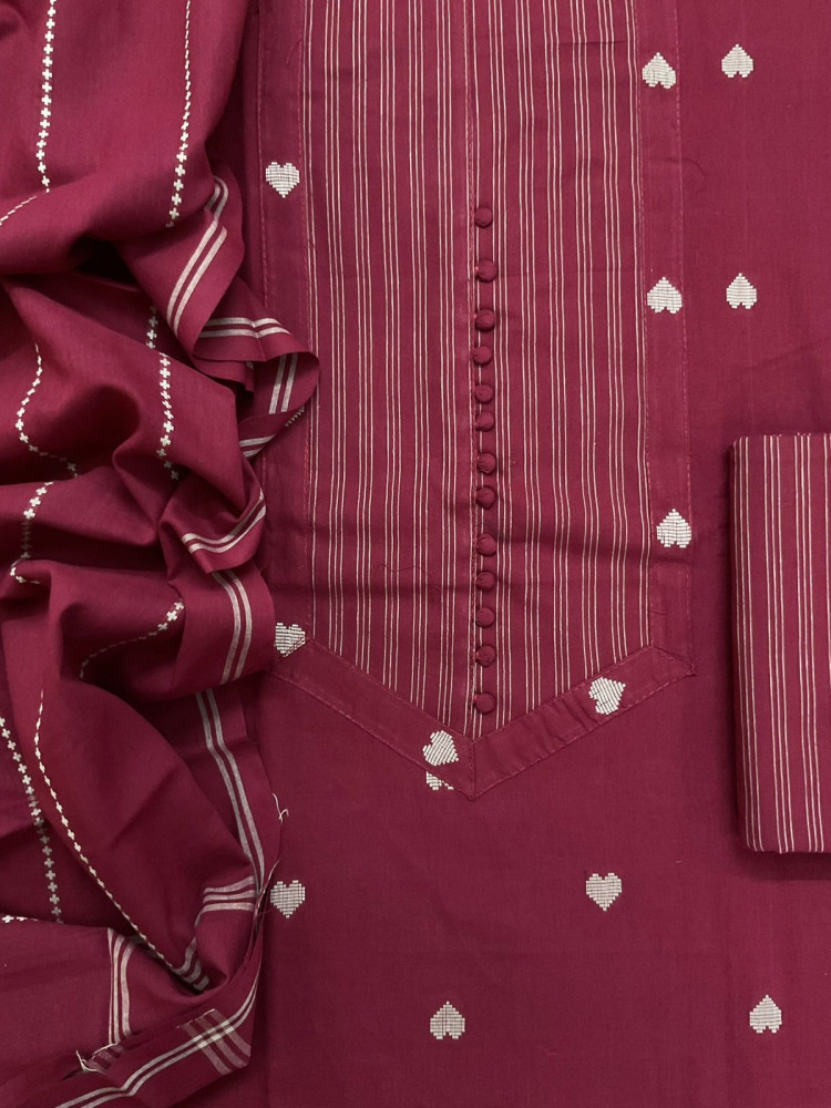 Image of Pure Handloom Cotton Self Weaved Embroidered Suit - Maroon