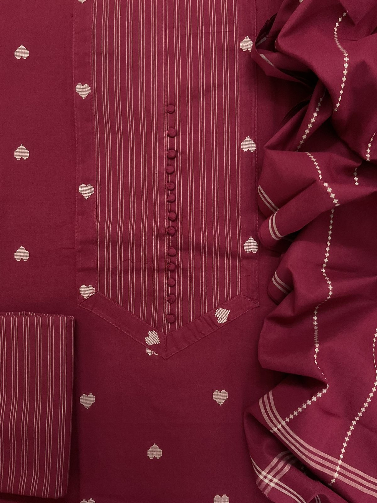 Pure Handloom Cotton Self Weaved Embroidered Suit - Maroon