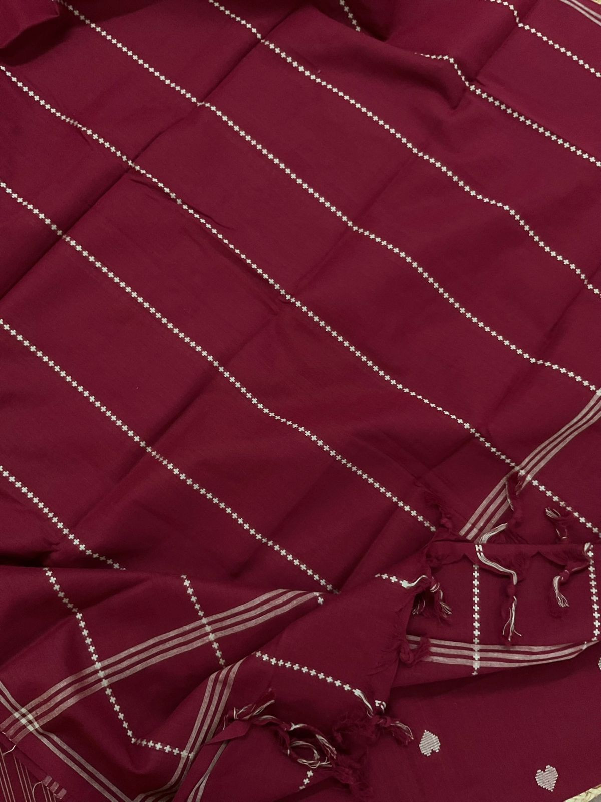 Pure Handloom Cotton Self Weaved Embroidered Suit - Maroon