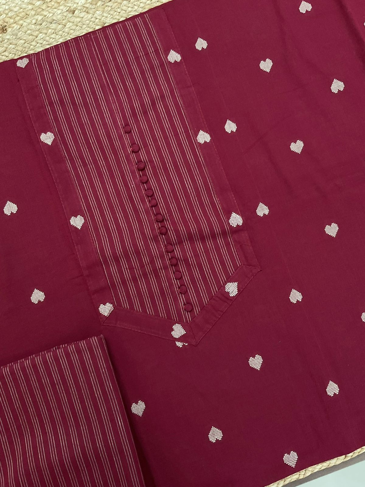 Pure Handloom Cotton Self Weaved Embroidered Suit - Maroon