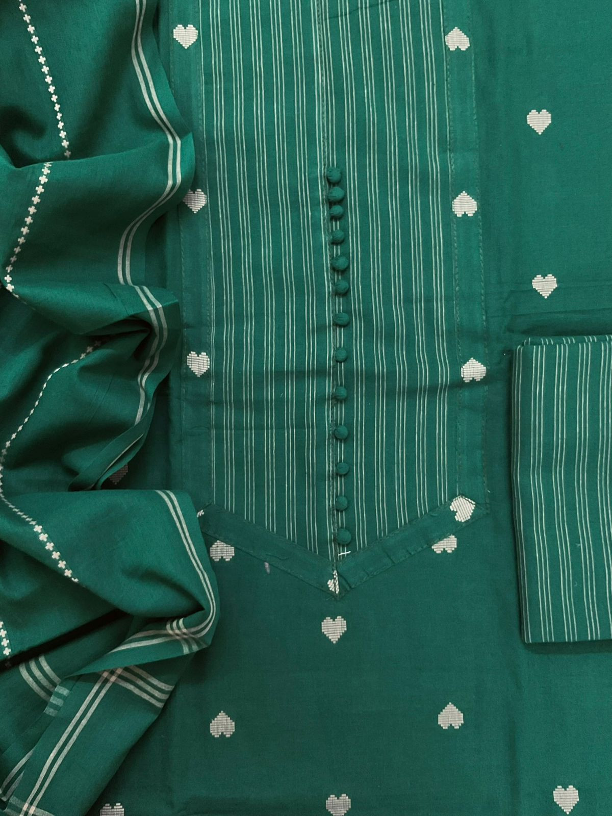 Pure Handloom Cotton Self Weaved Embroidered Suit - Green