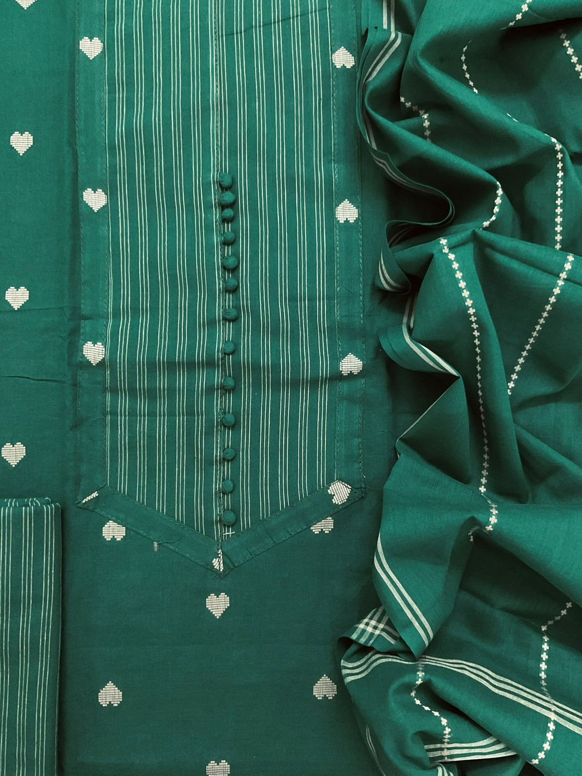 Pure Handloom Cotton Self Weaved Embroidered Suit - Green