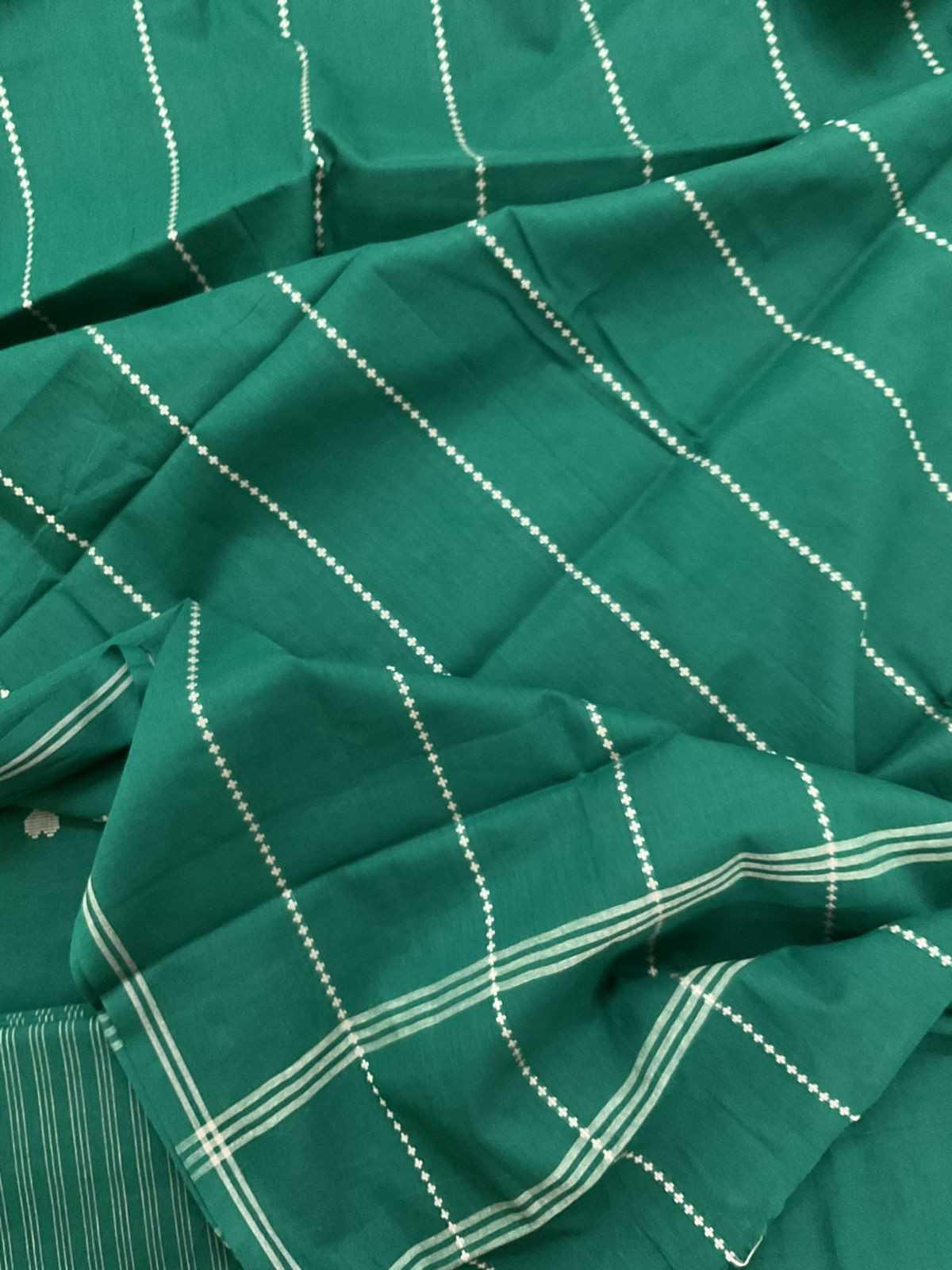 Pure Handloom Cotton Self Weaved Embroidered Suit - Green