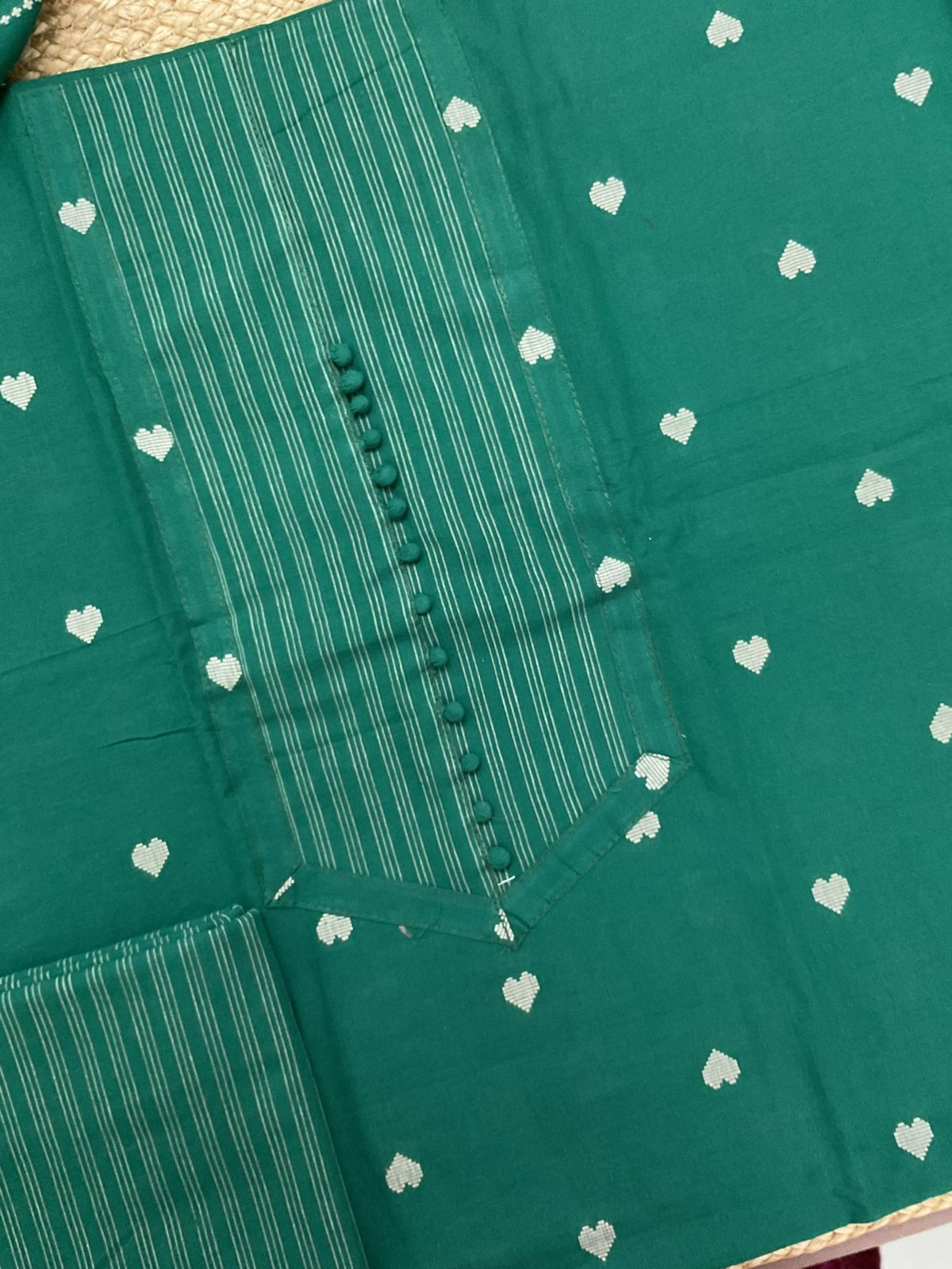 Pure Handloom Cotton Self Weaved Embroidered Suit - Green