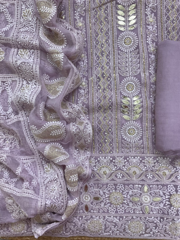 Image of Pure Georgette Embroidered Suit - Lavender