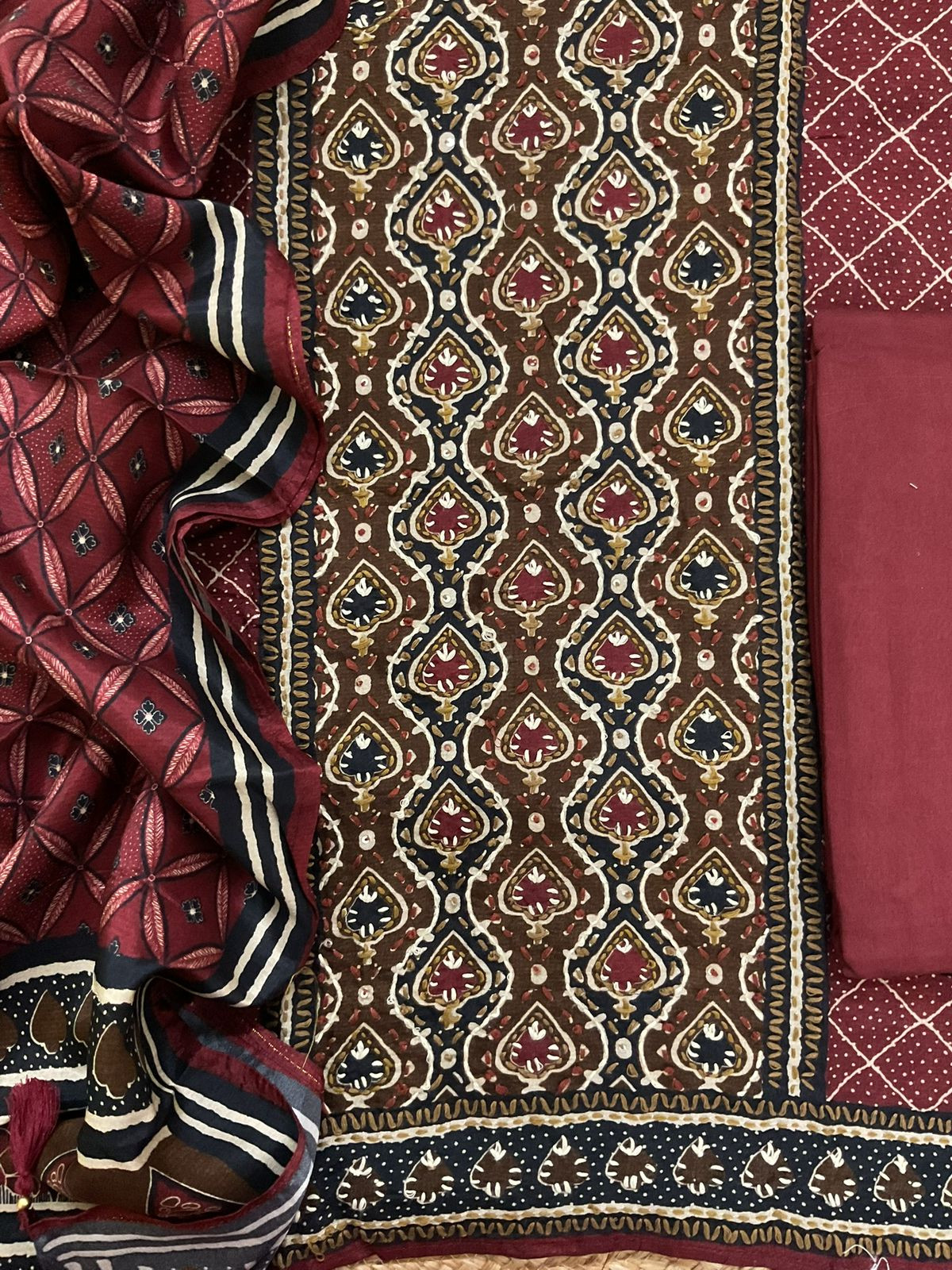 Soft Dola Silk Printed Embroidered Suit - Maroon