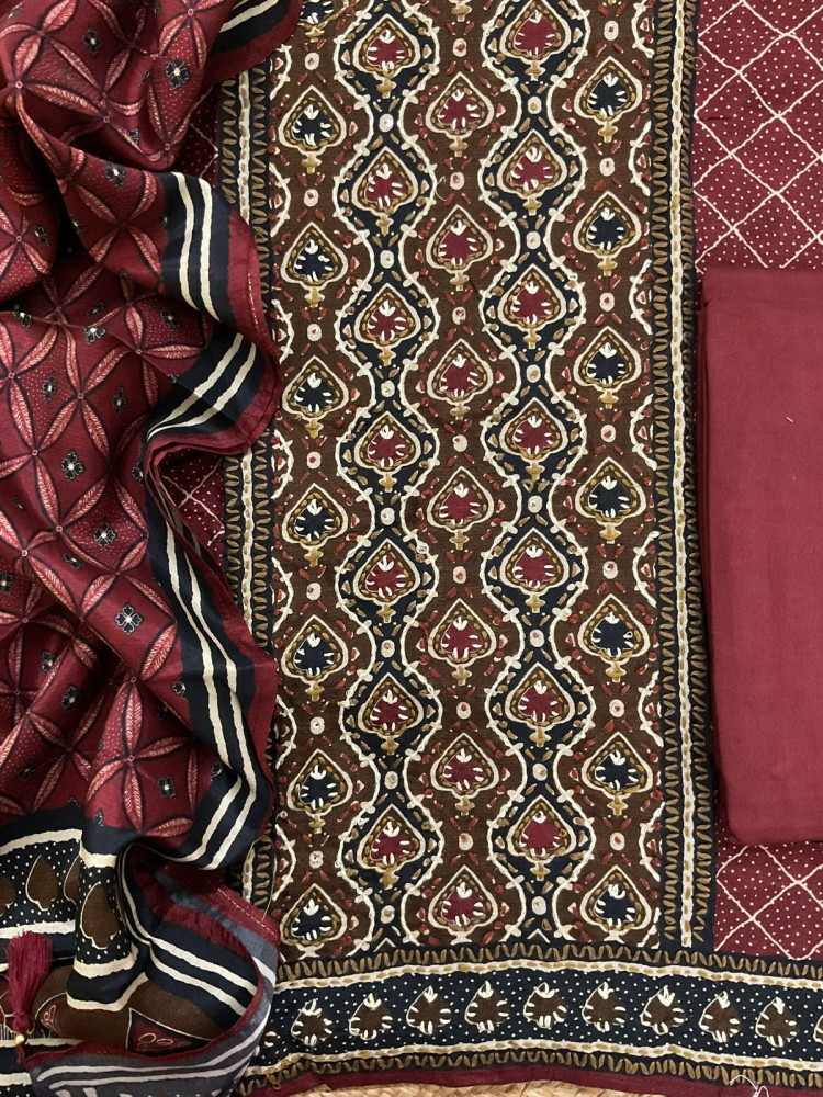 Image of Soft Dola Silk Printed Embroidered Suit - Maroon