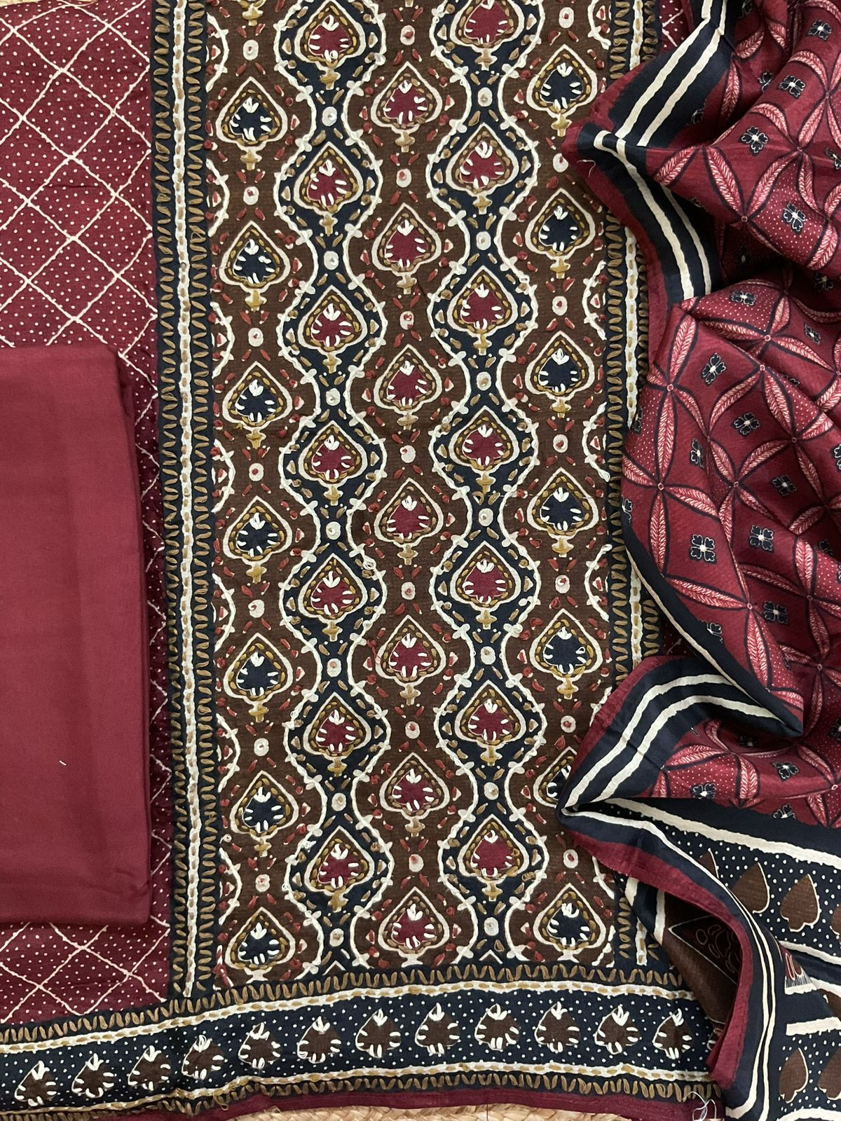 Soft Dola Silk Printed Embroidered Suit - Maroon