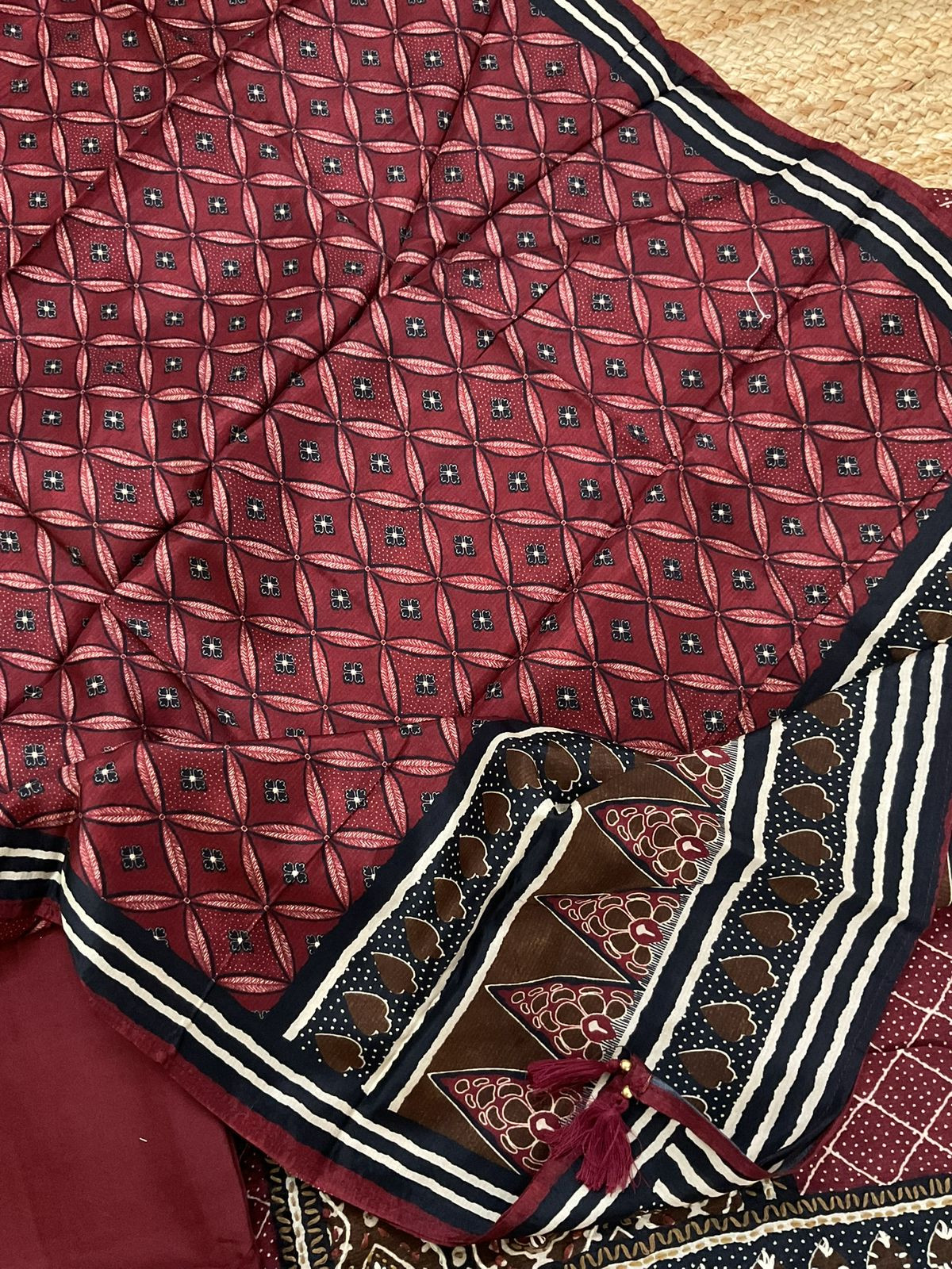 Soft Dola Silk Printed Embroidered Suit - Maroon