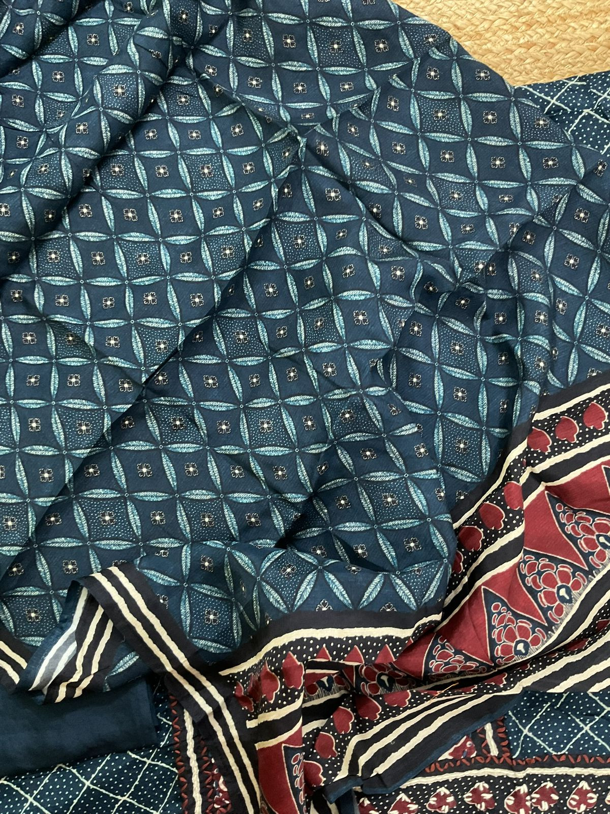Soft Dola Silk Printed Embroidered Suit - Blue