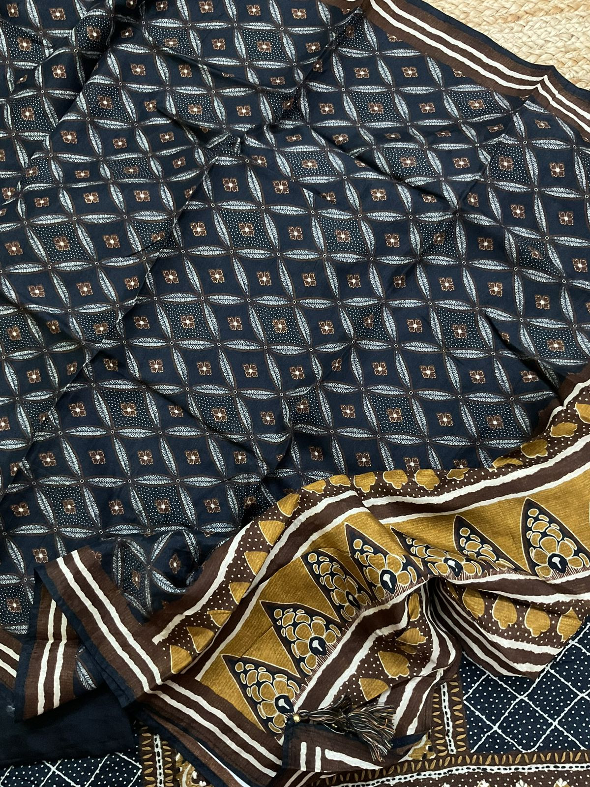 Soft Dola Silk Printed Embroidered Suit - Black