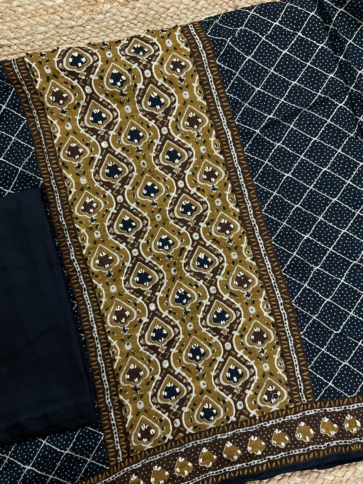 Soft Dola Silk Printed Embroidered Suit - Black