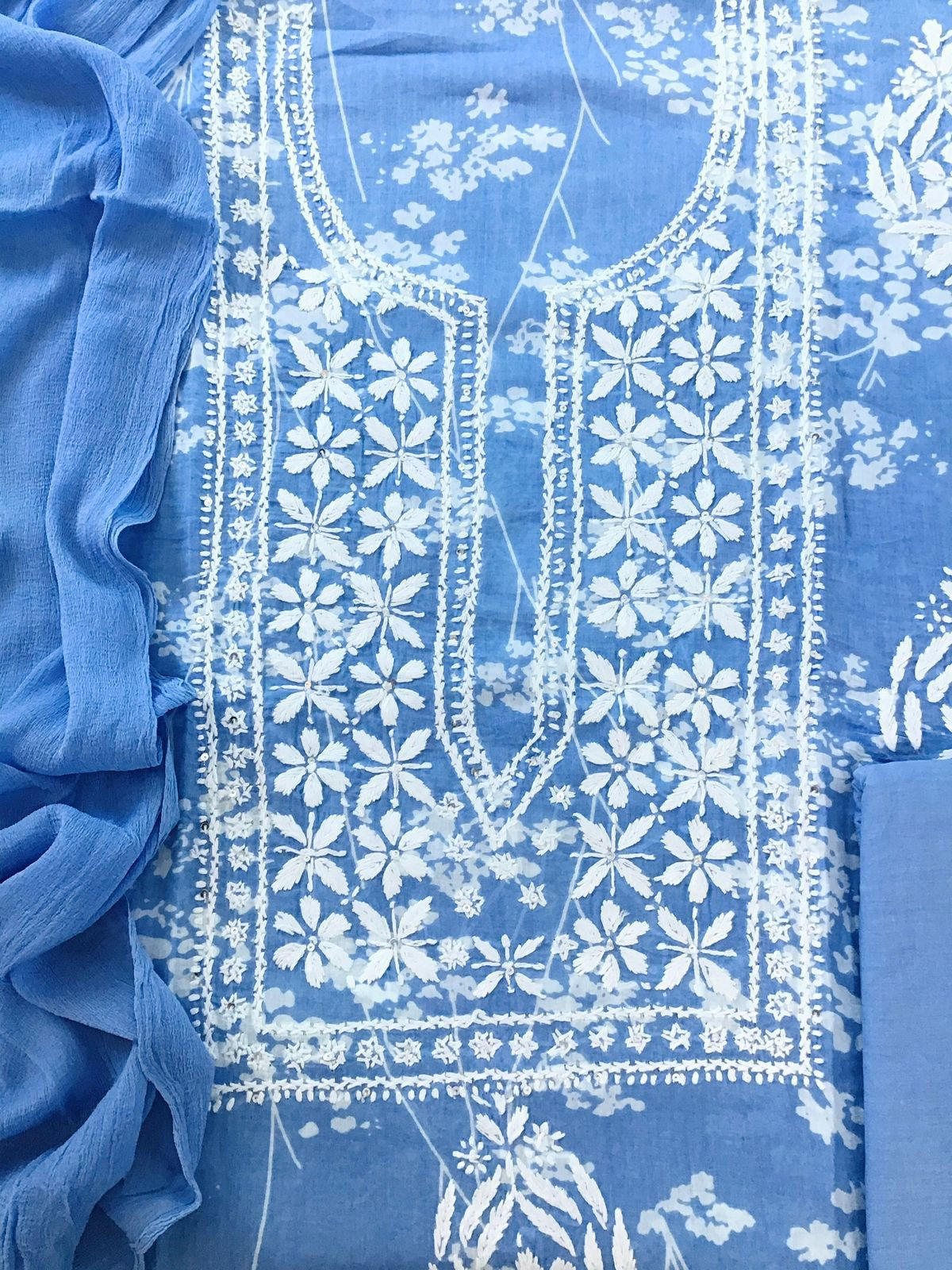 Pure Mul Cotton Printed Embroidered Suit - Blue