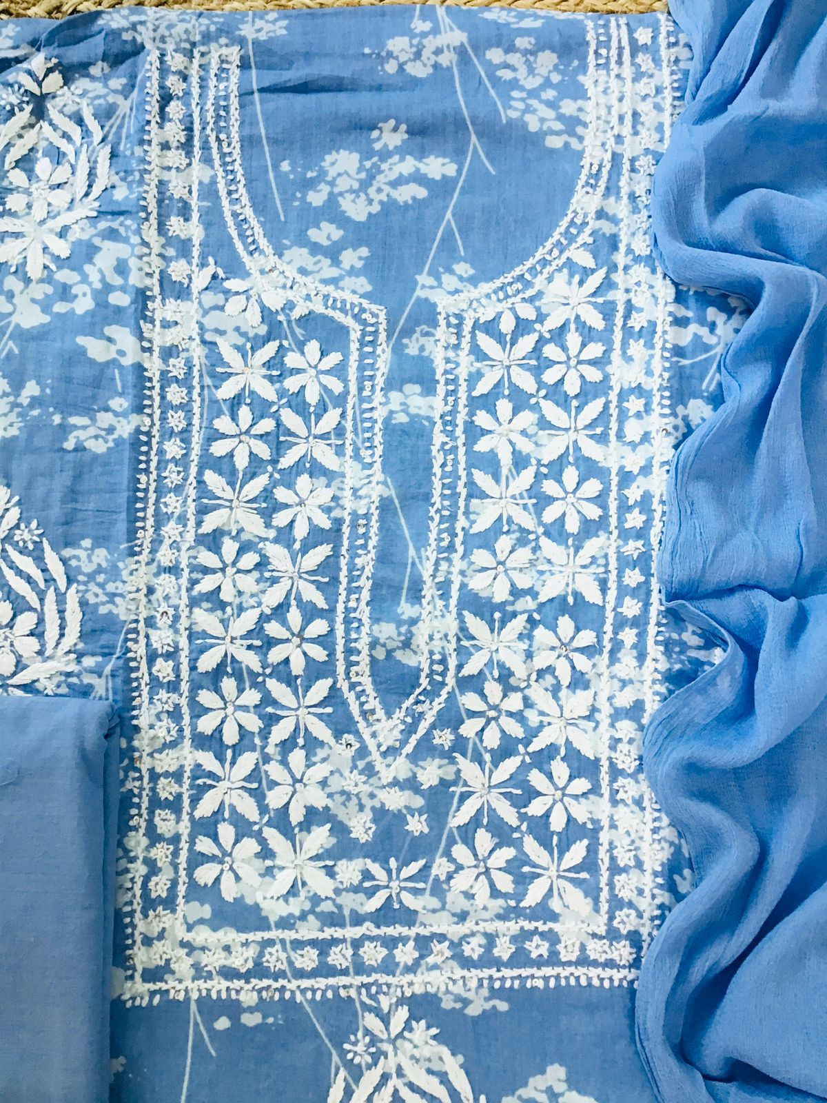 Pure Mul Cotton Printed Embroidered Suit - Blue