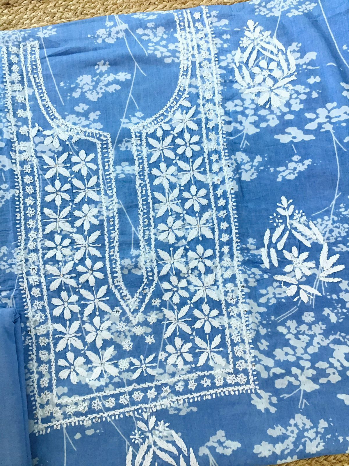 Pure Mul Cotton Printed Embroidered Suit - Blue