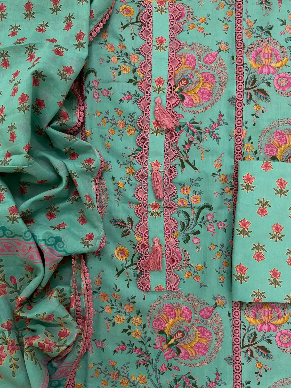Pure Cotton Printed Embroidered Suit - Sea Green